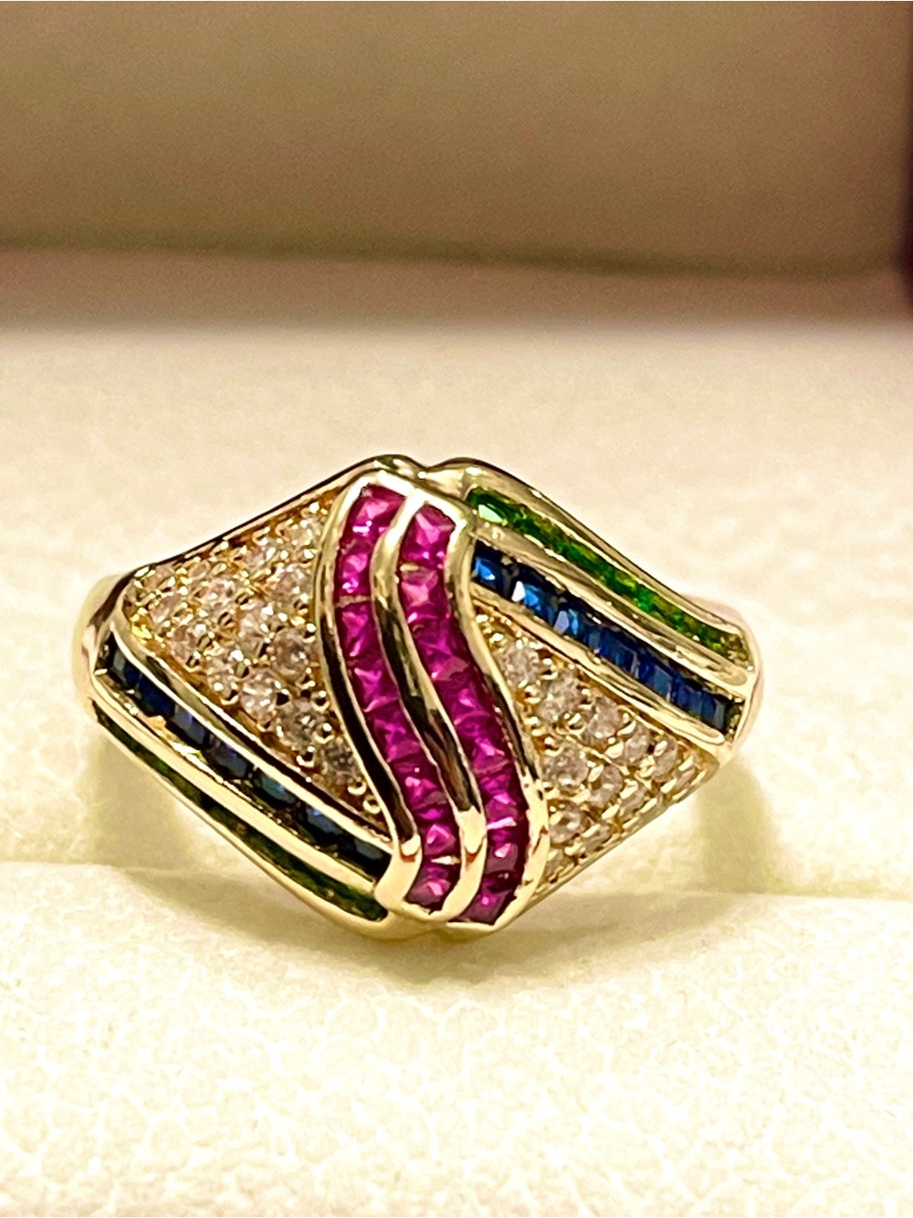 Gold Plated Brass Multi-Gem Wave Cocktail Ring - rubies, sapphires and emeralds